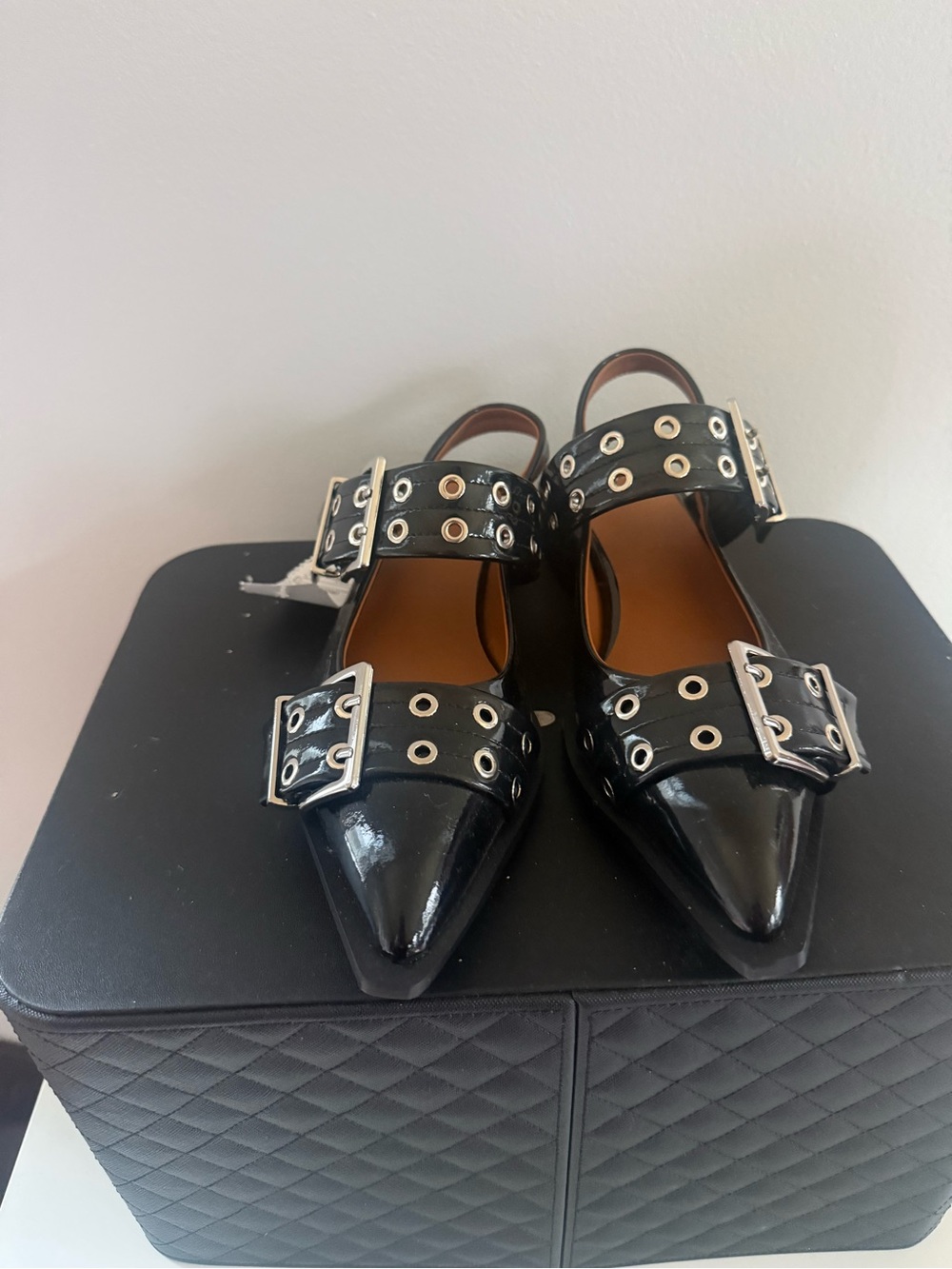Black Patent Pointed Buckle Slingback Flats